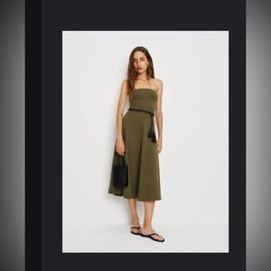 Reformation Olive Green Strapless Midi Lora Knit Dress. Sold out.